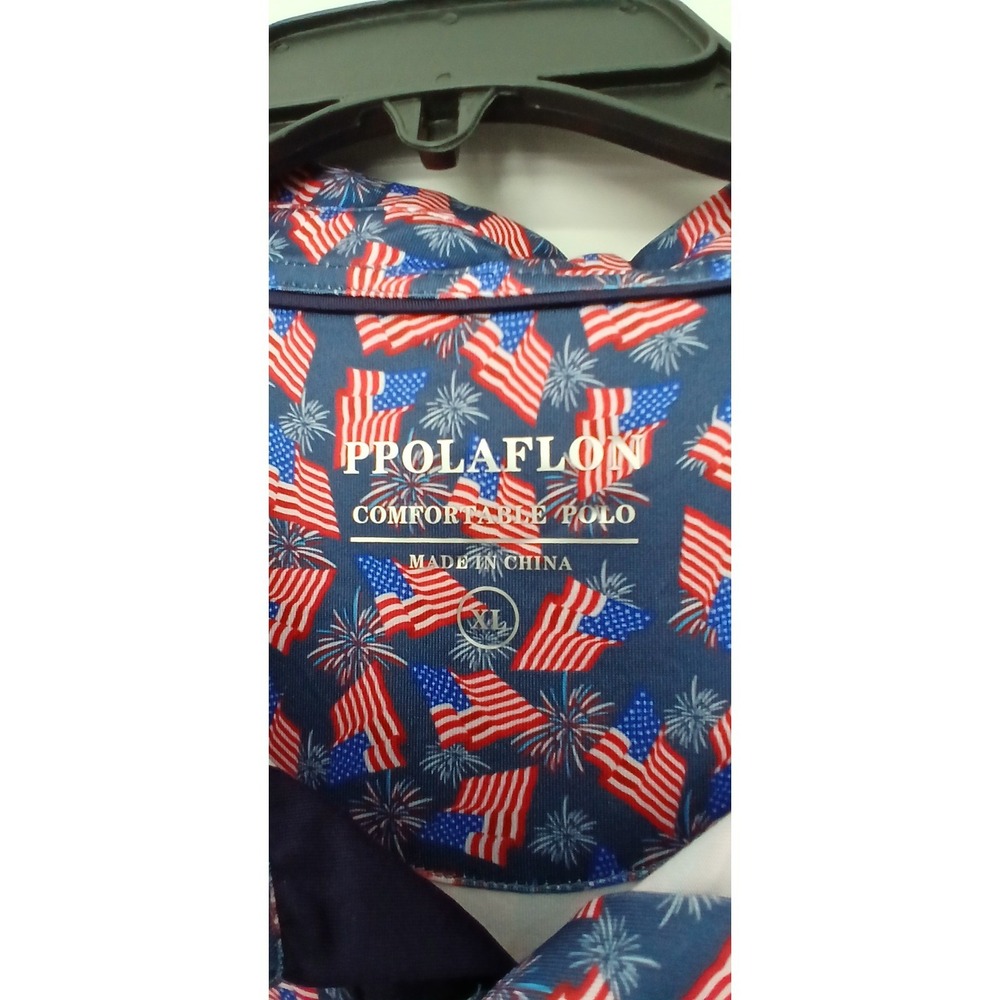 Prolaflon Mens XL American Flag Fireworks Polo Shirt Navy Blue Patriotic Golf - Picture 3 of 4